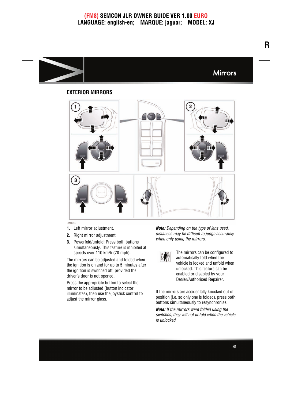 Mirrors, Exterior mirrors | Jaguar XJ User Manual | Page 41 / 207