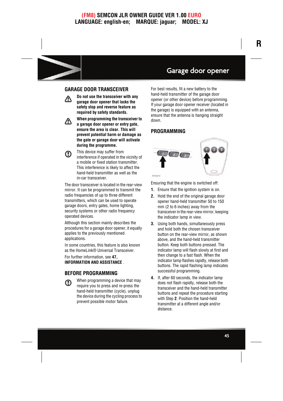 Garage door opener, Garage door transceiver, Before programming | Programming | Jaguar XJ User Manual | Page 45 / 207