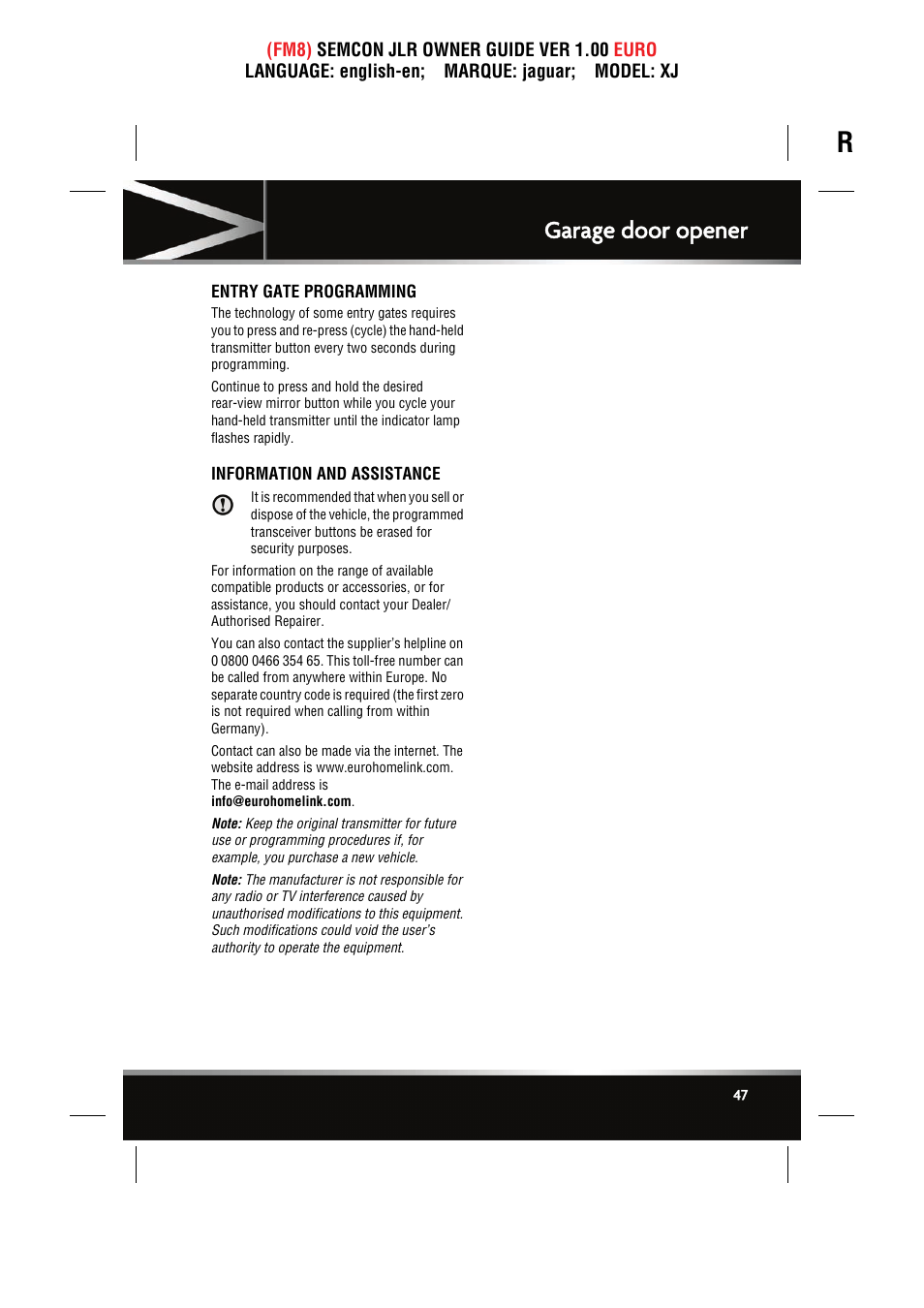 Entry gate programming, Information and assistance, Garage door opener | Jaguar XJ User Manual | Page 47 / 207