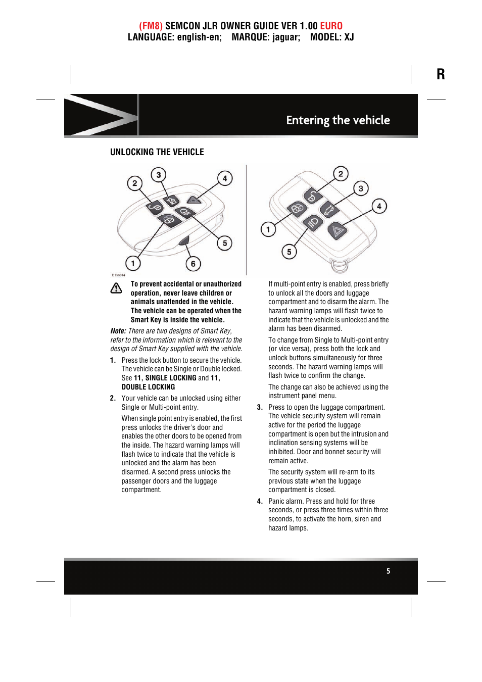 Entering the vehicle, Unlocking the vehicle | Jaguar XJ User Manual | Page 5 / 207