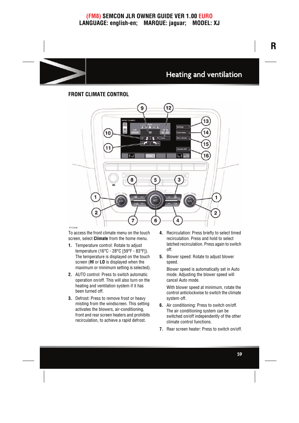 Heating and ventilation, Front climate control | Jaguar XJ User Manual | Page 59 / 207