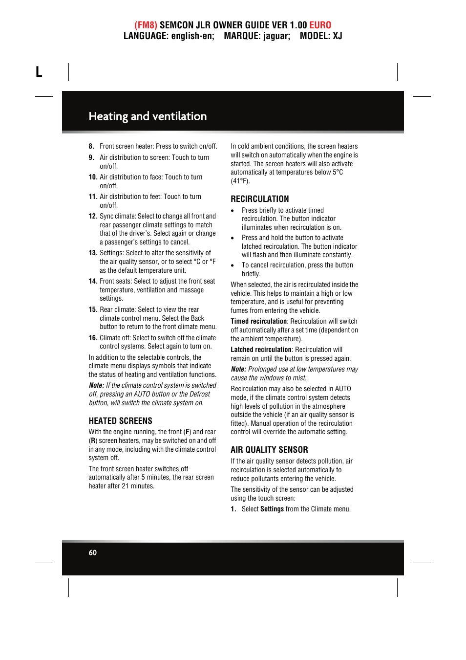 Heated screens, Recirculation, Air quality sensor | Heating and ventilation | Jaguar XJ User Manual | Page 60 / 207