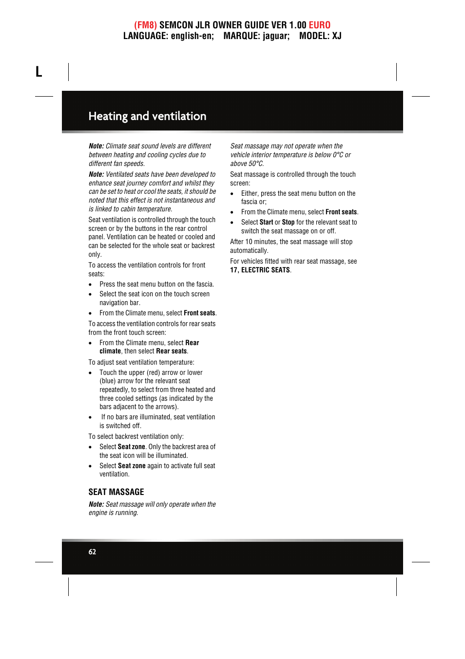 Seat massage, Heating and ventilation | Jaguar XJ User Manual | Page 62 / 207