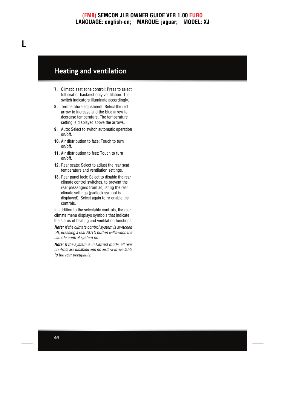 Heating and ventilation | Jaguar XJ User Manual | Page 64 / 207