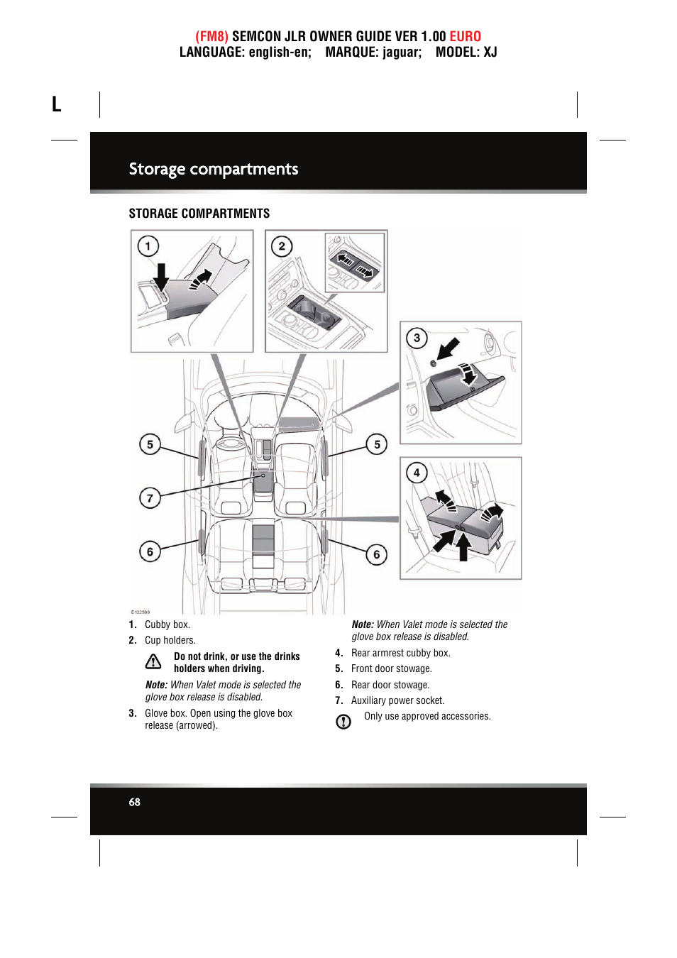 Storage compartments | Jaguar XJ User Manual | Page 68 / 207