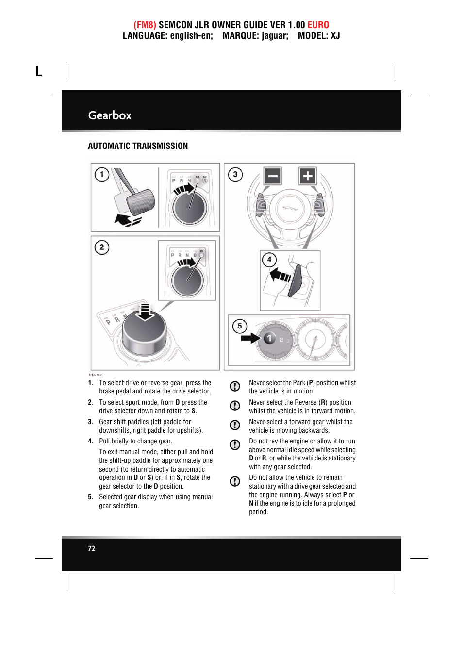 Gearbox, Automatic transmission | Jaguar XJ User Manual | Page 72 / 207