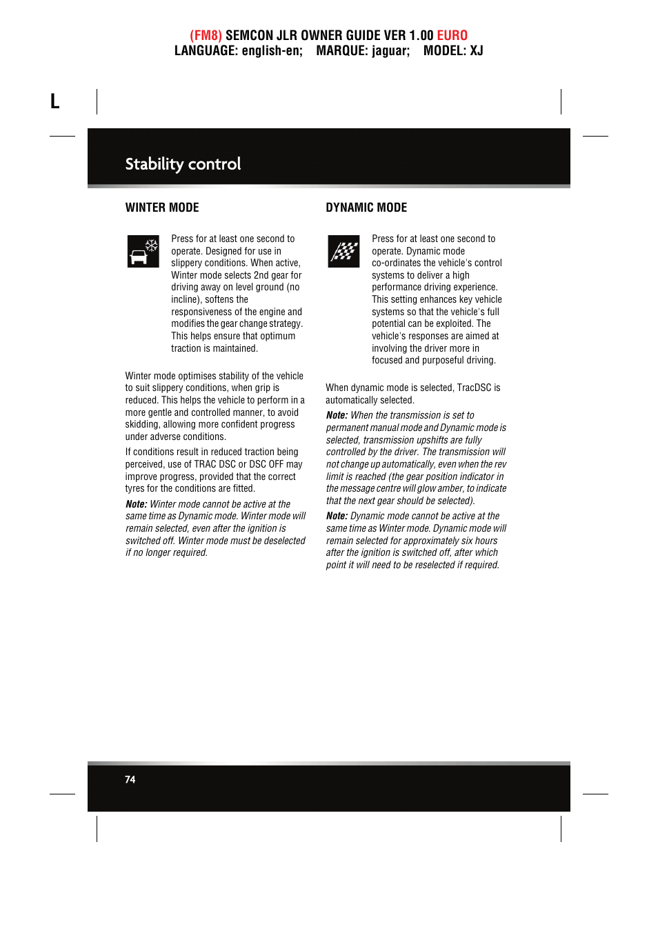 Stability control, Winter mode, Dynamic mode | Jaguar XJ User Manual | Page 74 / 207