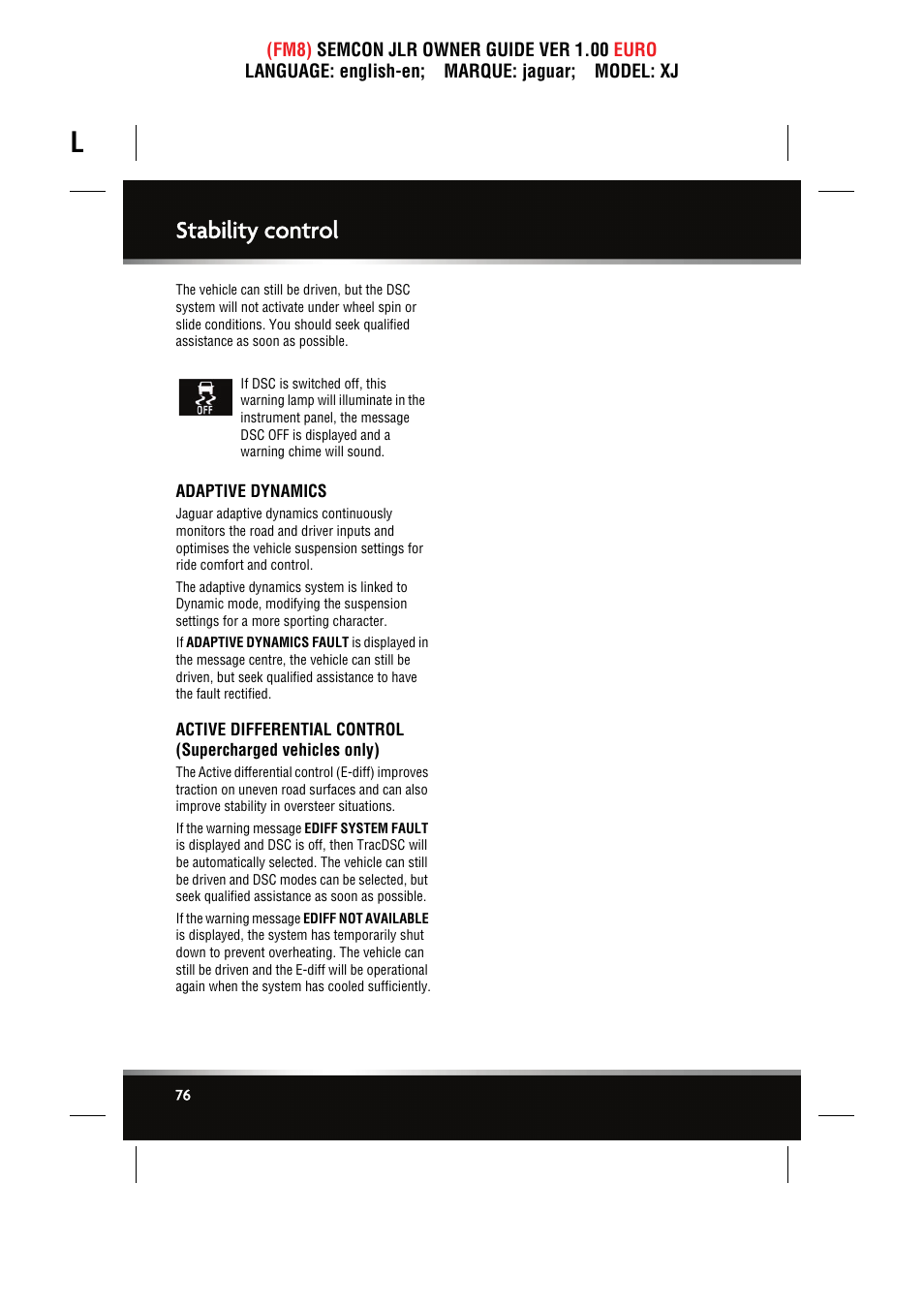 Adaptive dynamics, Stability control | Jaguar XJ User Manual | Page 76 / 207