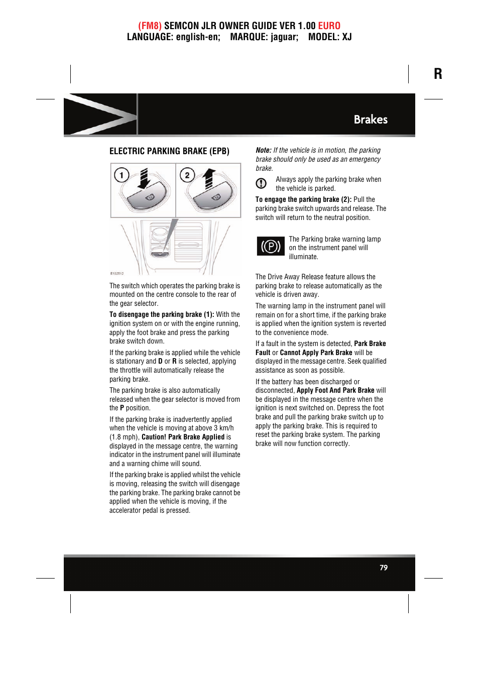 Electric parking brake (epb), Brakes | Jaguar XJ User Manual | Page 79 / 207