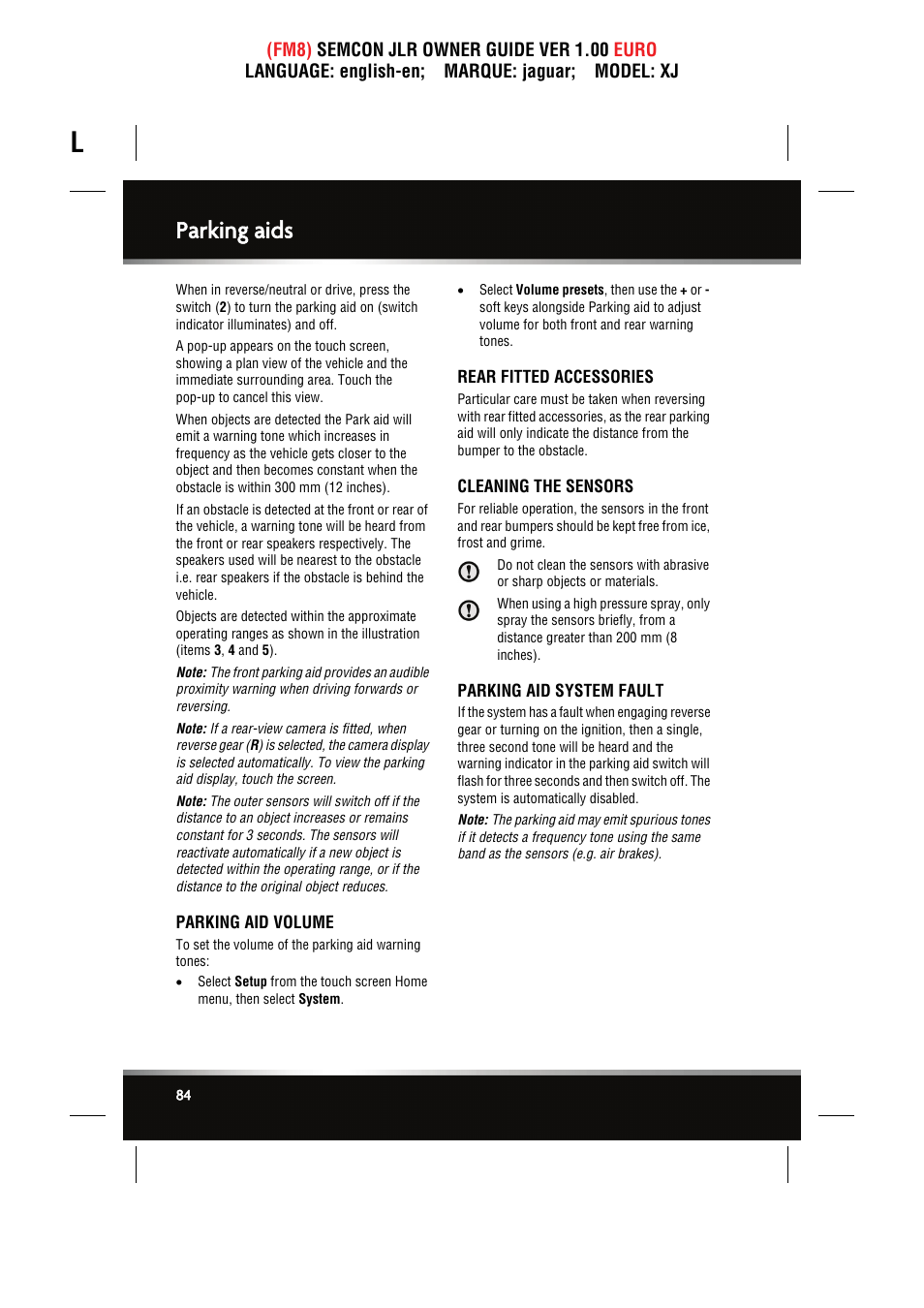 Parking aid volume, Rear fitted accessories, Cleaning the sensors | Parking aid system fault, Parking aids | Jaguar XJ User Manual | Page 84 / 207