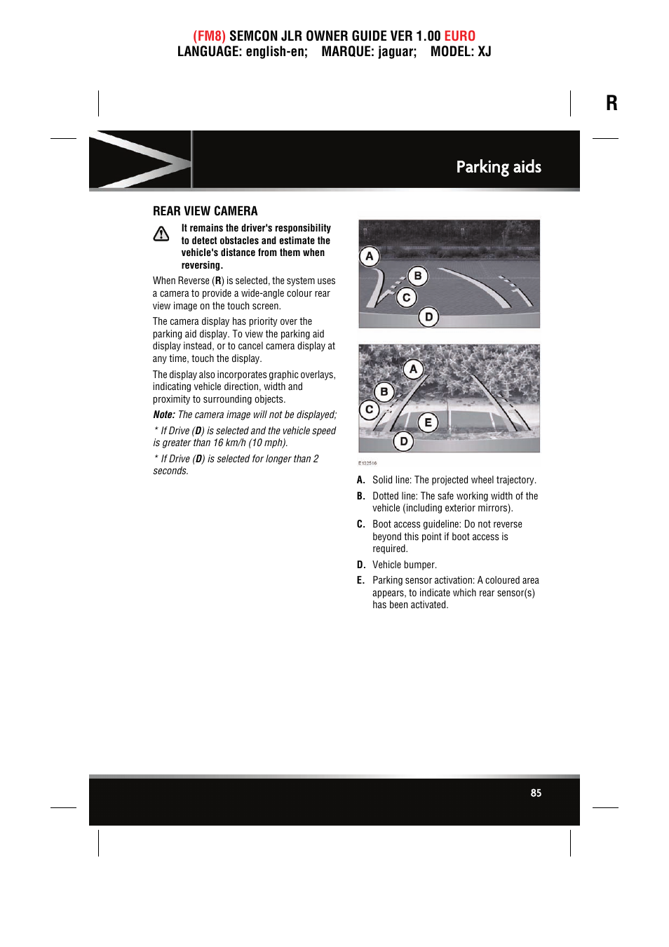 Rear view camera, Parking aids | Jaguar XJ User Manual | Page 85 / 207