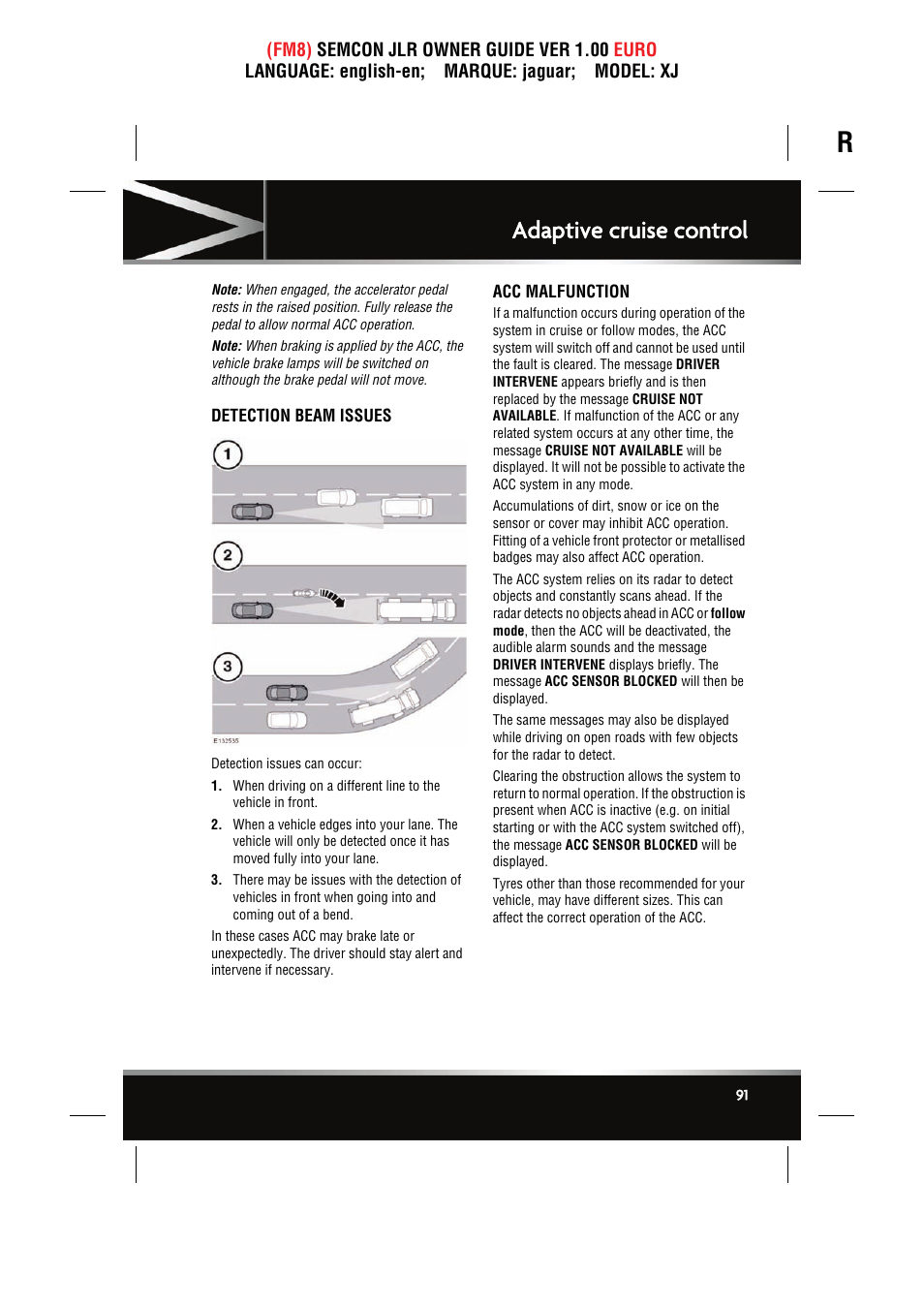 Detection beam issues, Acc malfunction, Adaptive cruise control | Jaguar XJ User Manual | Page 91 / 207
