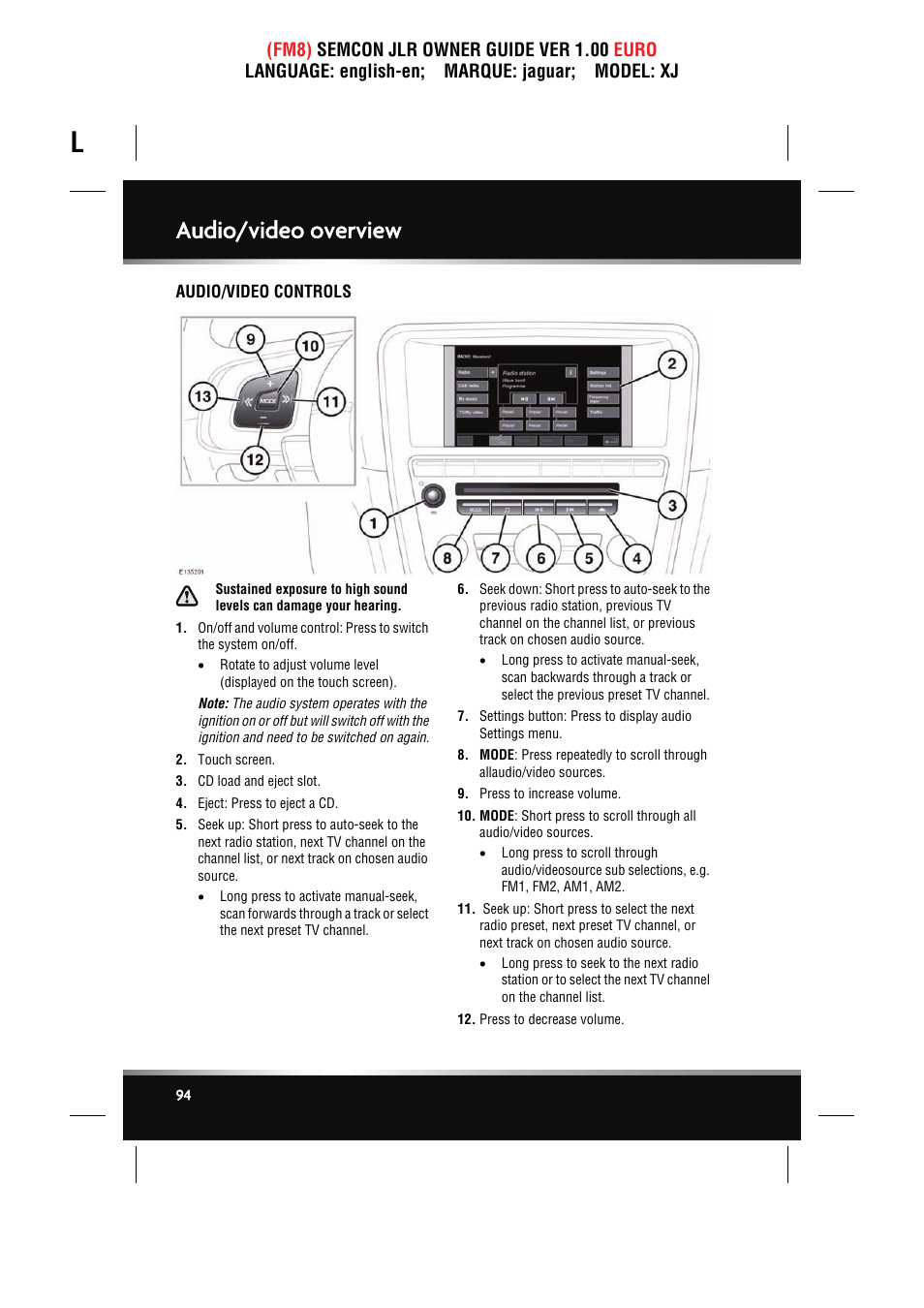 Audio/video overview, Audio/video controls | Jaguar XJ User Manual | Page 94 / 207