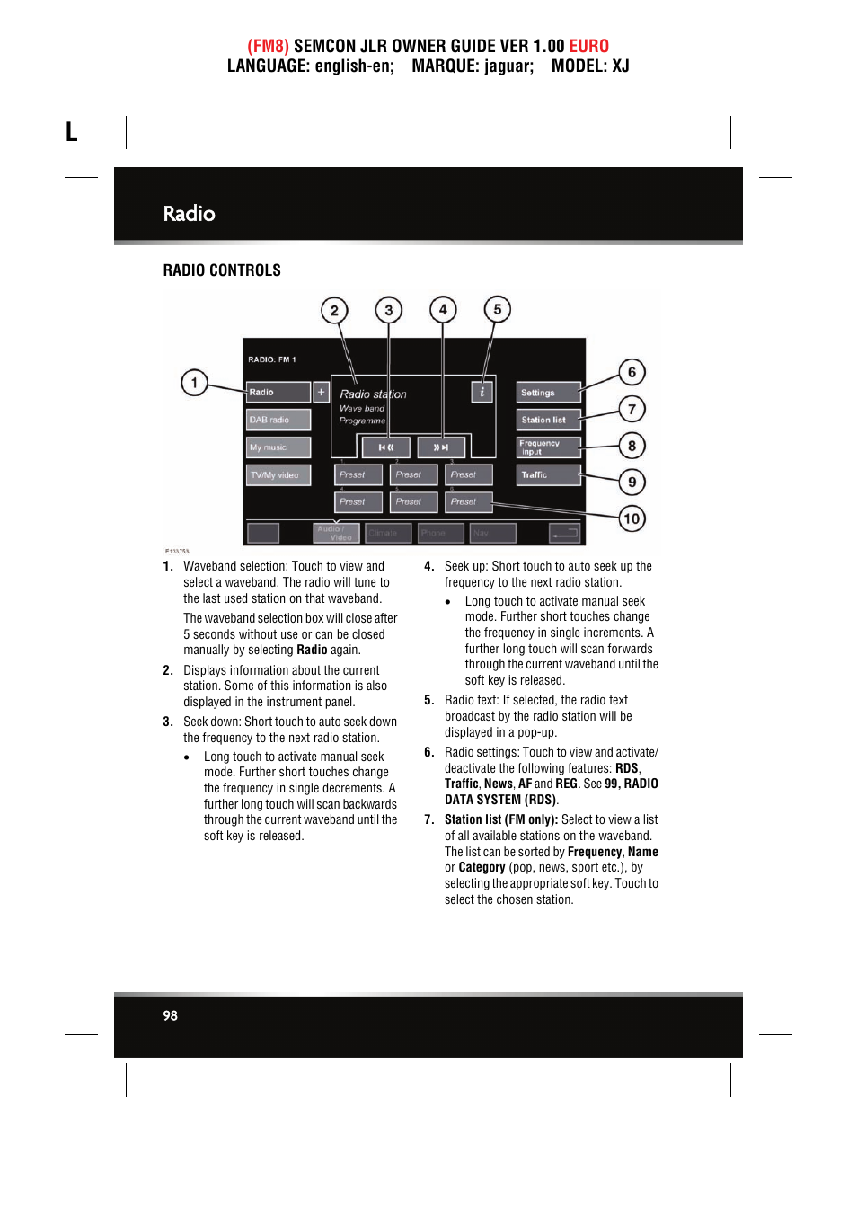 Radio, Radio controls | Jaguar XJ User Manual | Page 98 / 207
