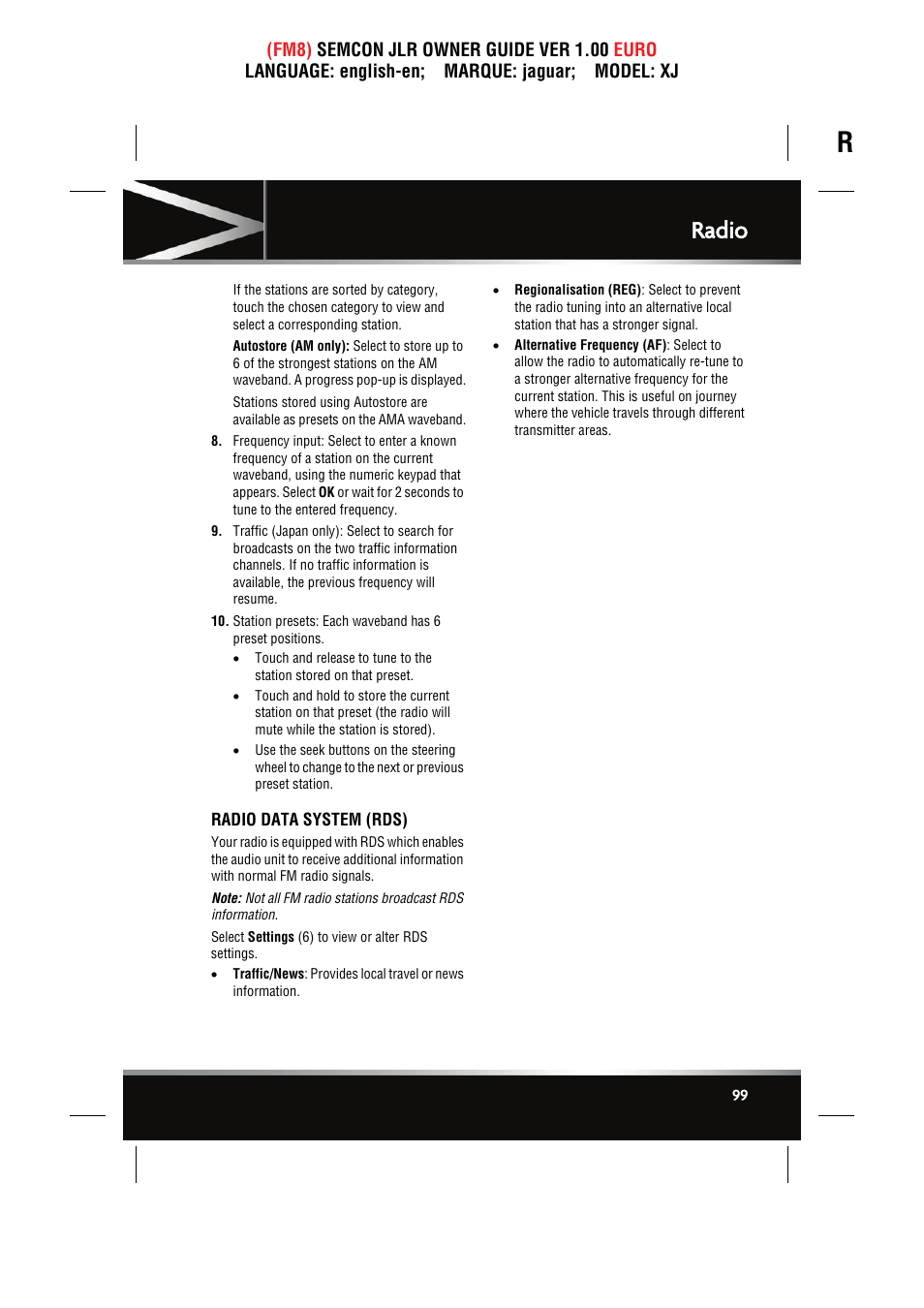 Radio data system (rds), Radio | Jaguar XJ User Manual | Page 99 / 207