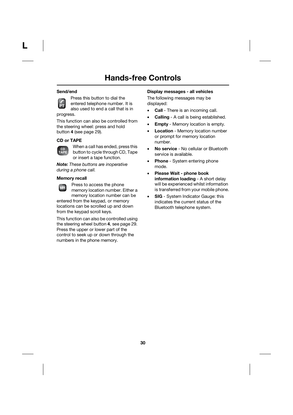 Hands-free controls | Jaguar bluetooth handbook JLM10 31 99 552 User Manual | Page 30 / 41