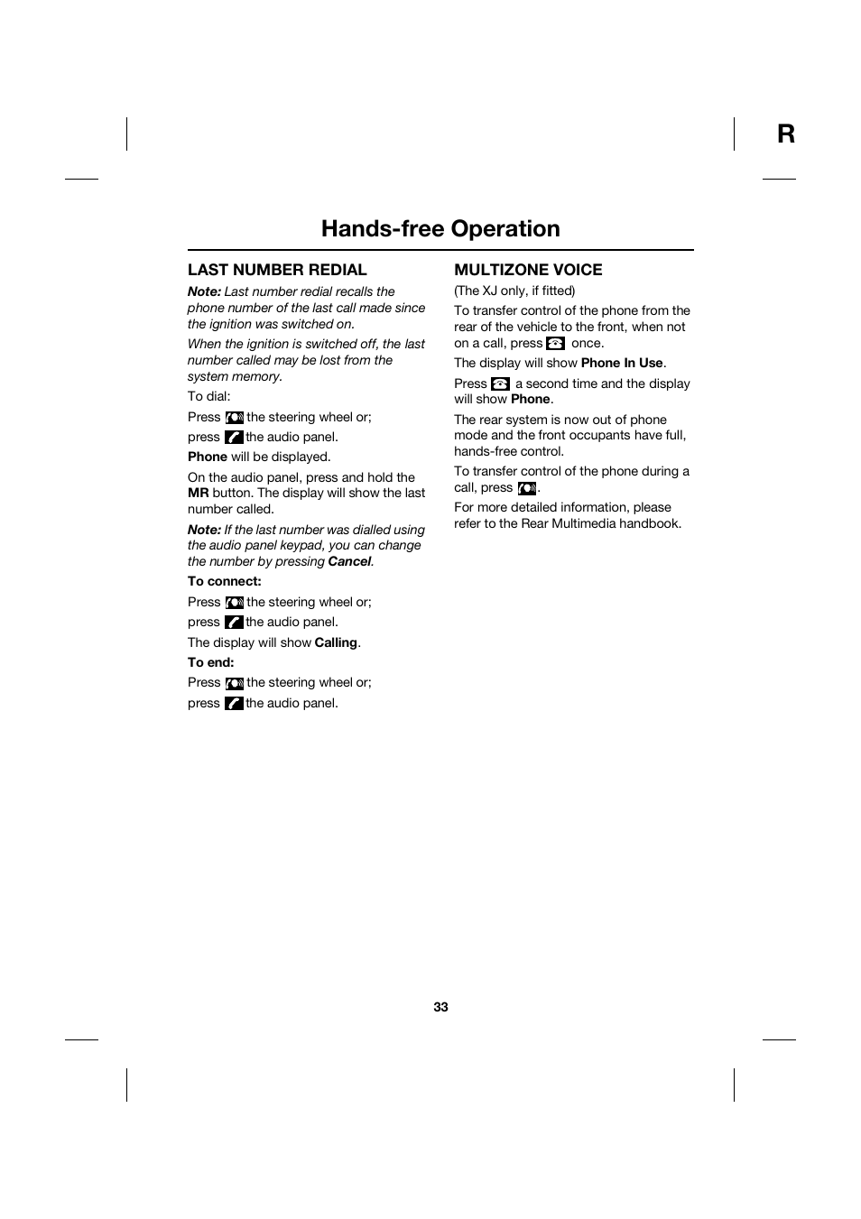 Hands-free operation | Jaguar bluetooth handbook JLM10 31 99 552 User Manual | Page 33 / 41