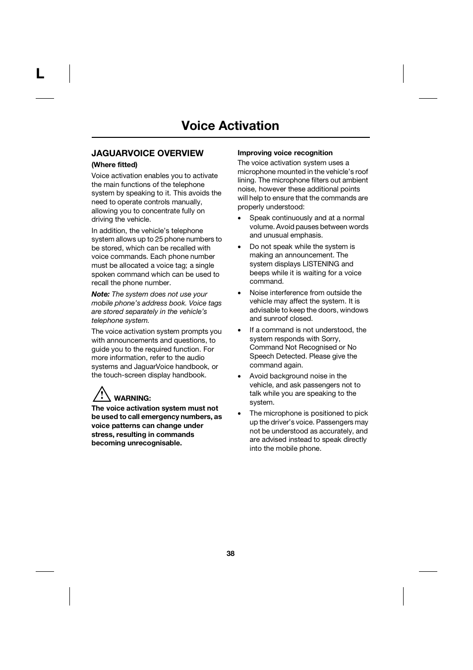 Voice activation | Jaguar bluetooth handbook JLM10 31 99 552 User Manual | Page 38 / 41