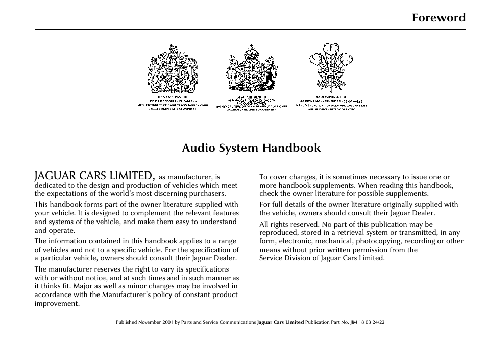 Foreword audio system handbook, Jaguar cars limited | Jaguar 2002MY NAS Audio System JJM 18 03 24/22 User Manual | Page 2 / 28