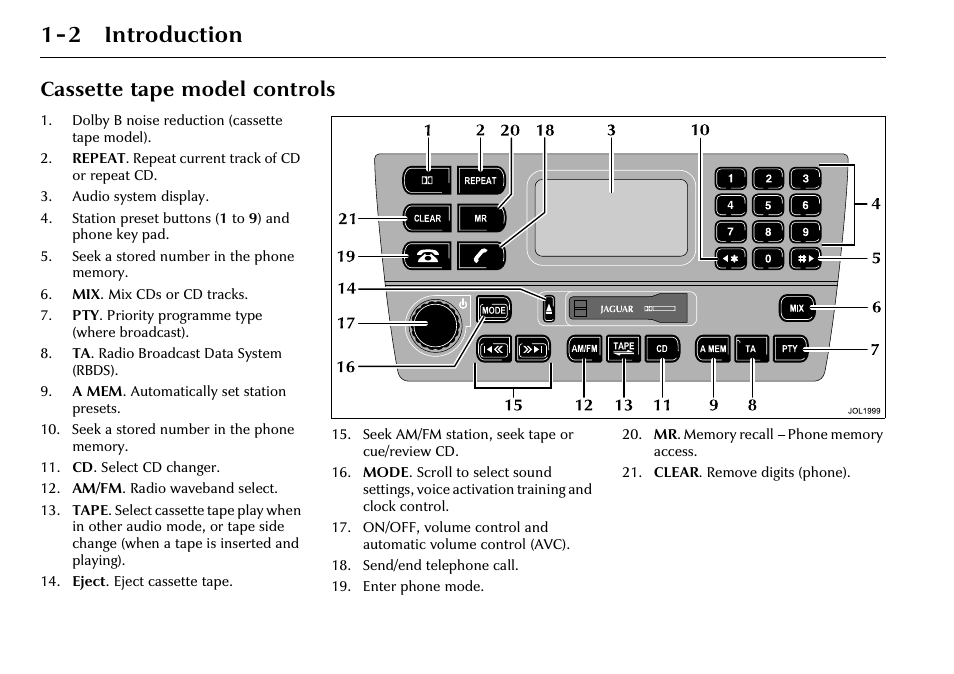 2 introduction, Cassette tape model controls | Jaguar 2002MY NAS Audio System JJM 18 03 24/22 User Manual | Page 5 / 28