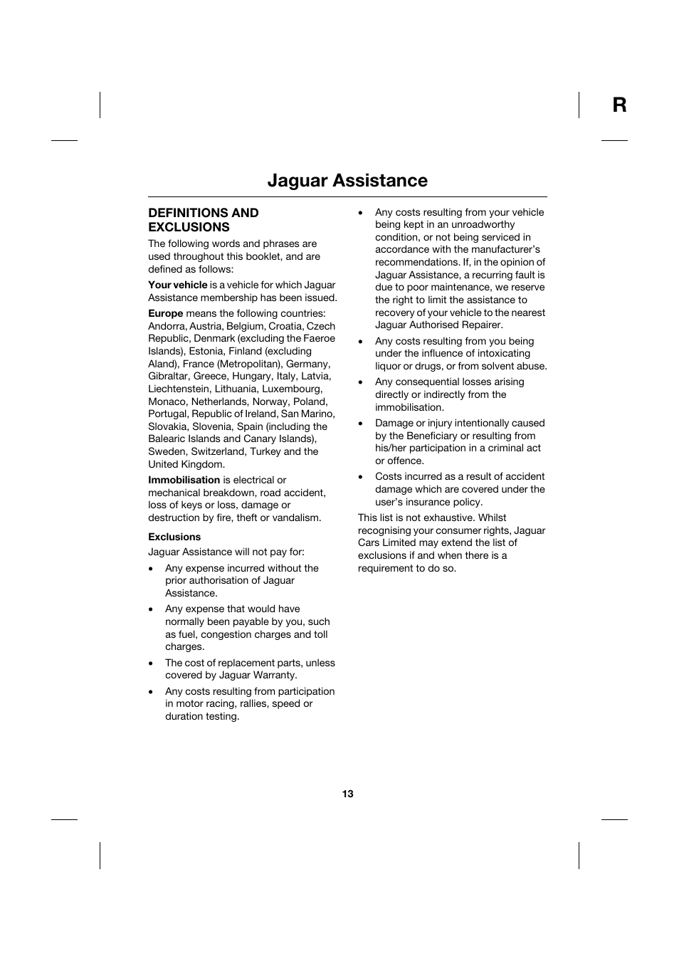 Definitions and exclusions, Exclusions, Jaguar assistance | Jaguar JJM211099101 User Manual | Page 13 / 24