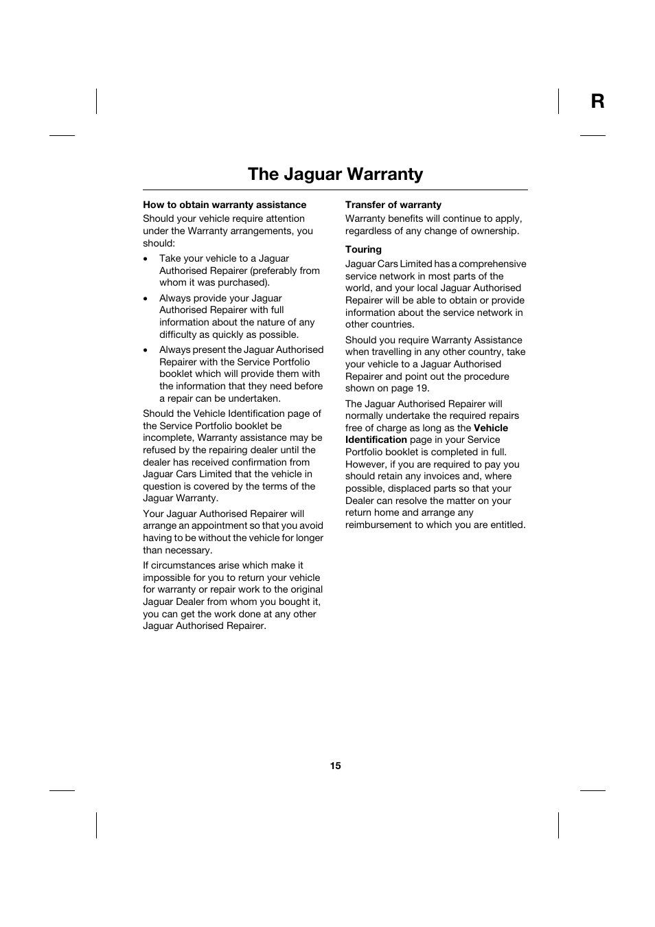 How to obtain warranty assistance, Transfer of warranty, Touring | The jaguar warranty | Jaguar JJM211099101 User Manual | Page 15 / 24