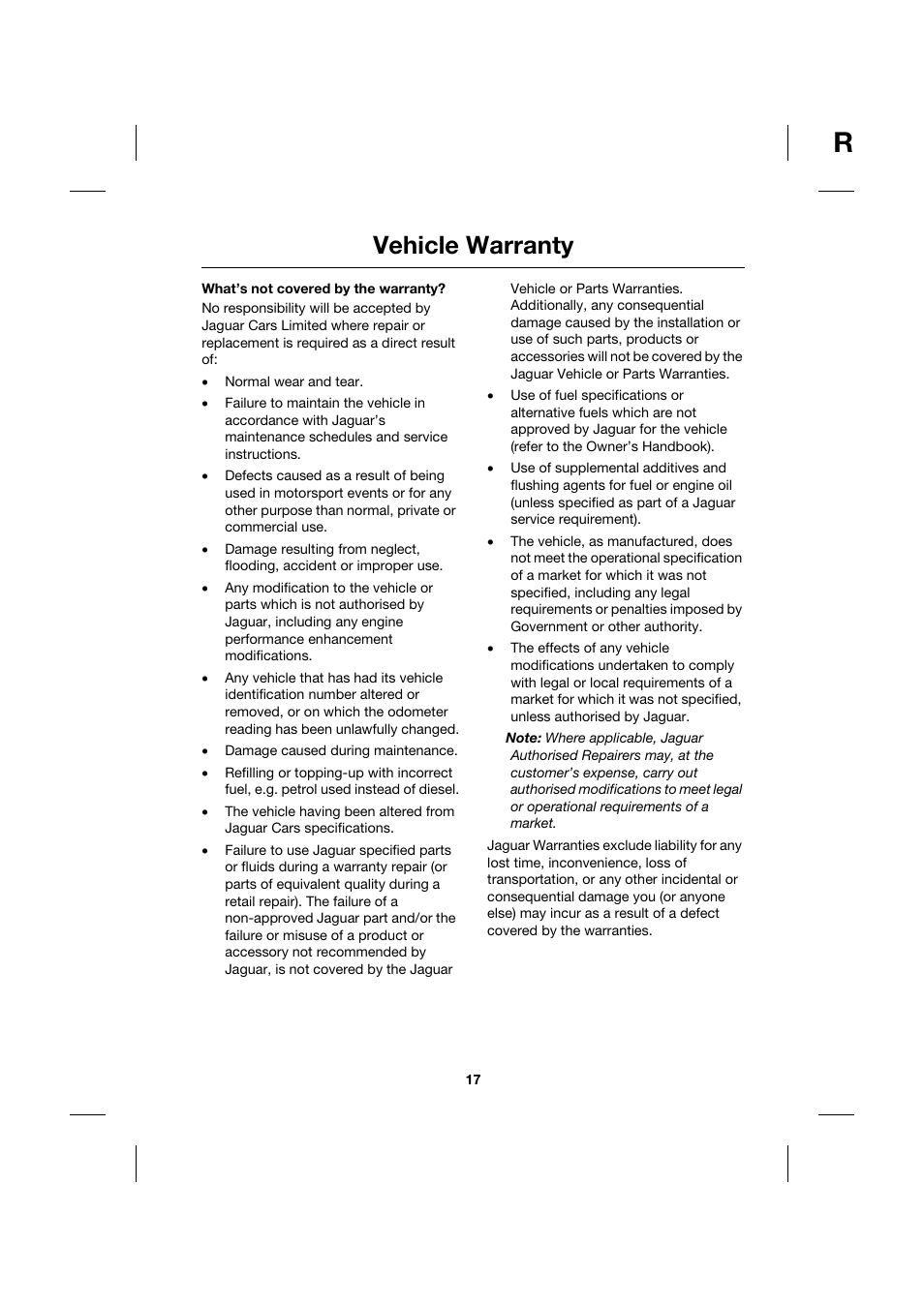 What’s not covered by the warranty, Vehicle warranty | Jaguar JJM211099101 User Manual | Page 17 / 24