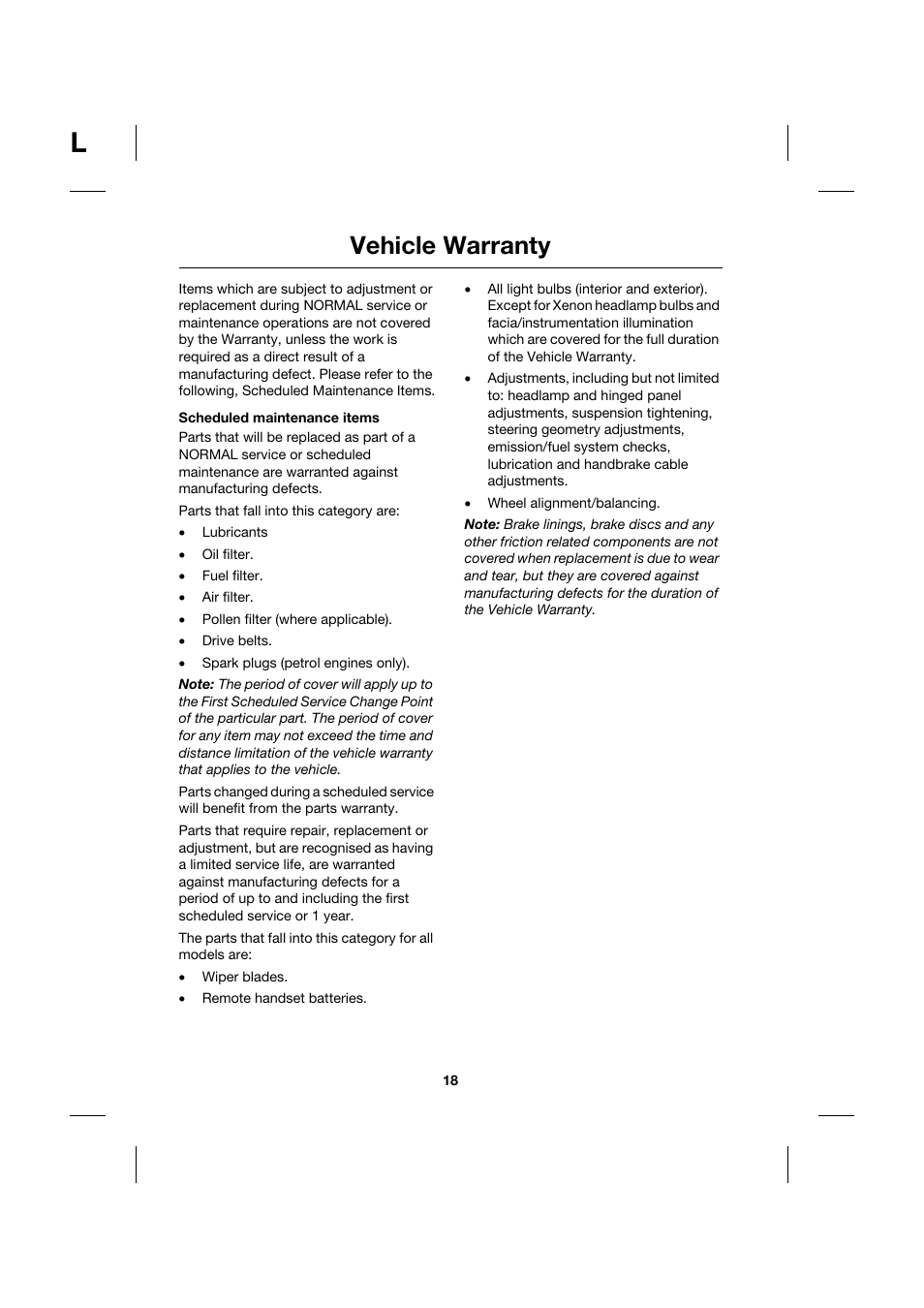 Scheduled maintenance items, Vehicle warranty | Jaguar JJM211099101 User Manual | Page 18 / 24