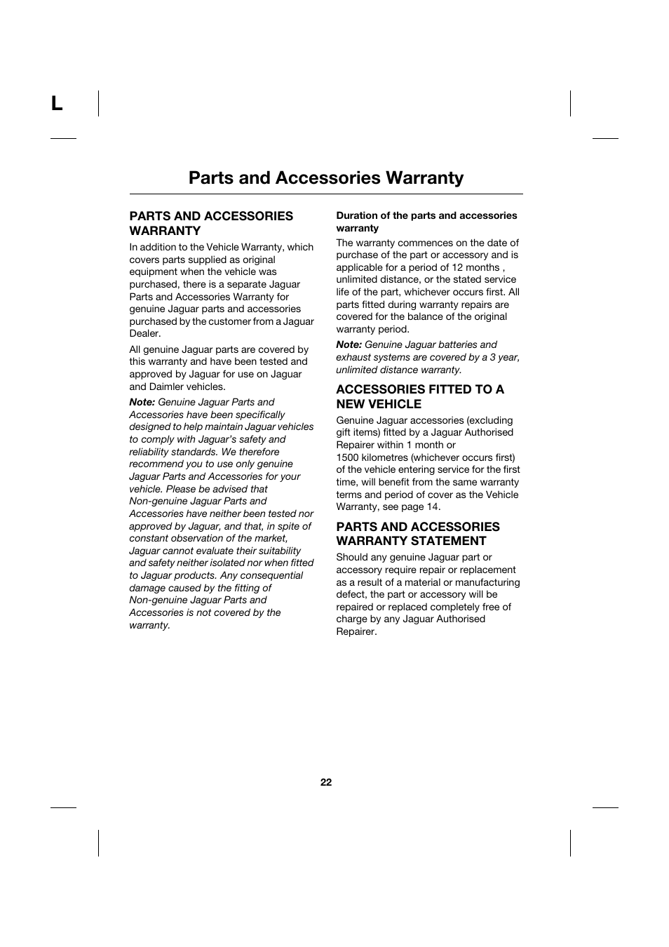 Parts and accessories warranty, Duration of the parts and accessories warranty, Accessories fitted to a new vehicle | Parts and accessories warranty statement, Parts and | Jaguar JJM211099101 User Manual | Page 22 / 24