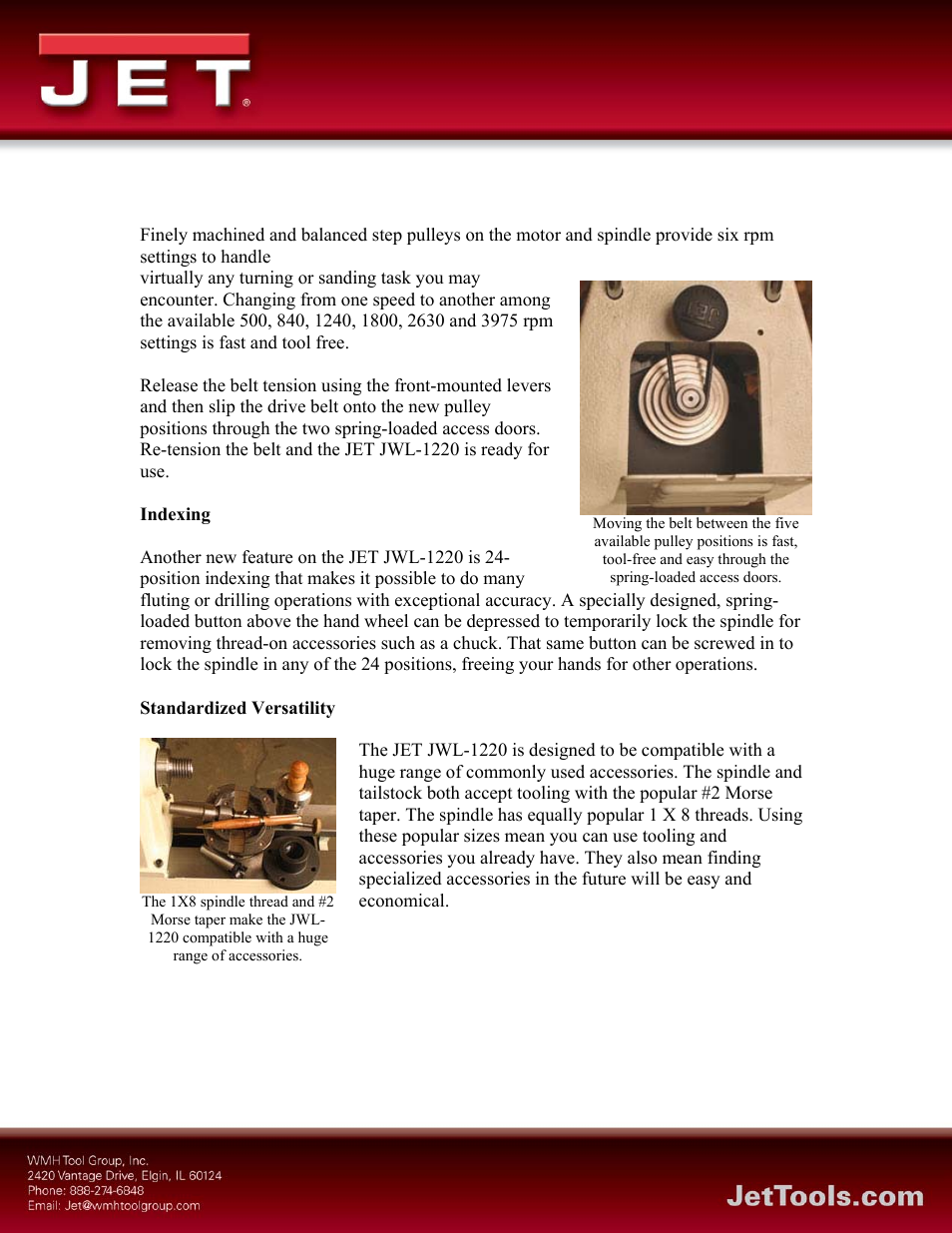 Indexing, Standardized versatility | Jet Tools JWL-1220 User Manual | Page 2 / 5