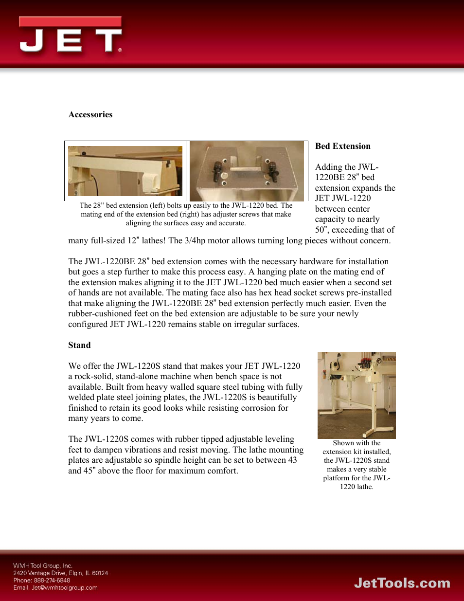 The 28” bed extension \(left\) bolts up easily, Bed extension, Stand | Jet Tools JWL-1220 User Manual | Page 4 / 5