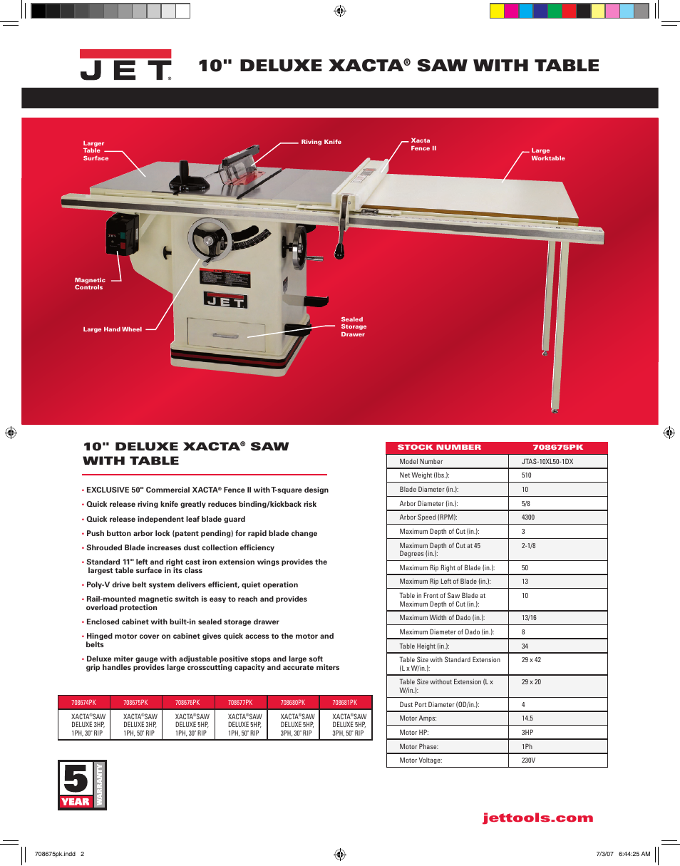 10" deluxe xacta, Saw with table | Jet Tools JTAS-10XL50-1DX User Manual | Page 2 / 2