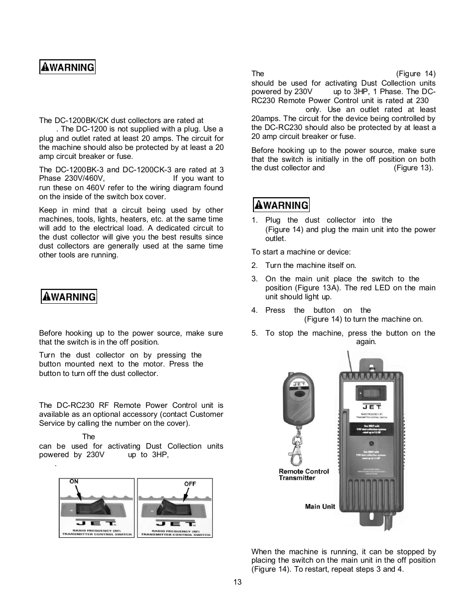 Electrical connections, Turning the machine on & off, Dust collector rf remotepower control (optional) | Dust collector rf remote power control (optional) | Jet Tools DC-1200CK User Manual | Page 13 / 24