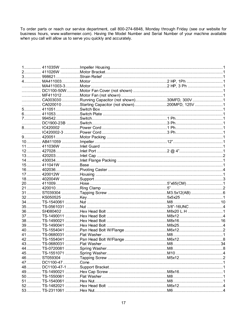 Ordering replacement parts | Jet Tools DC-1200CK User Manual | Page 17 / 24