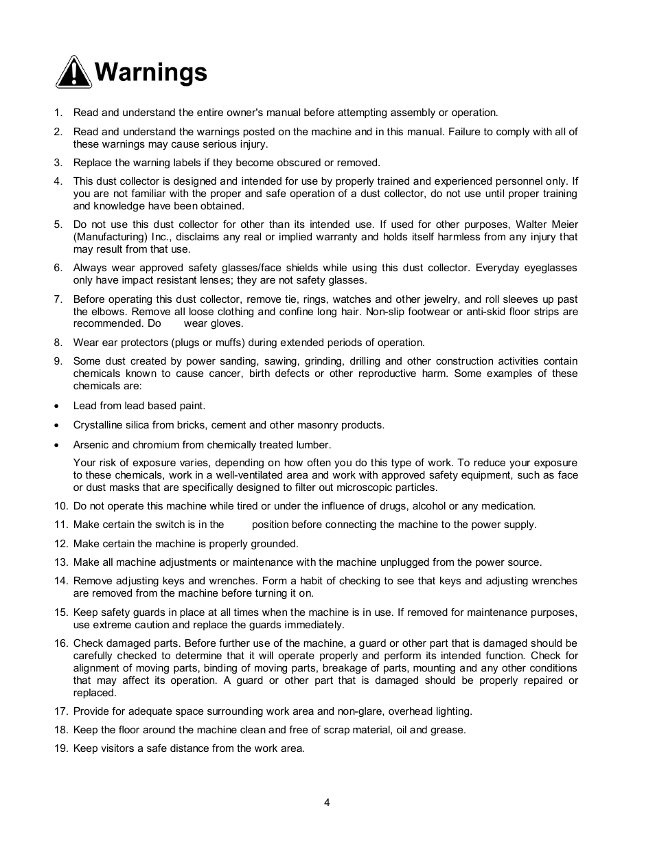 Warnings | Jet Tools DC-1200CK User Manual | Page 4 / 24