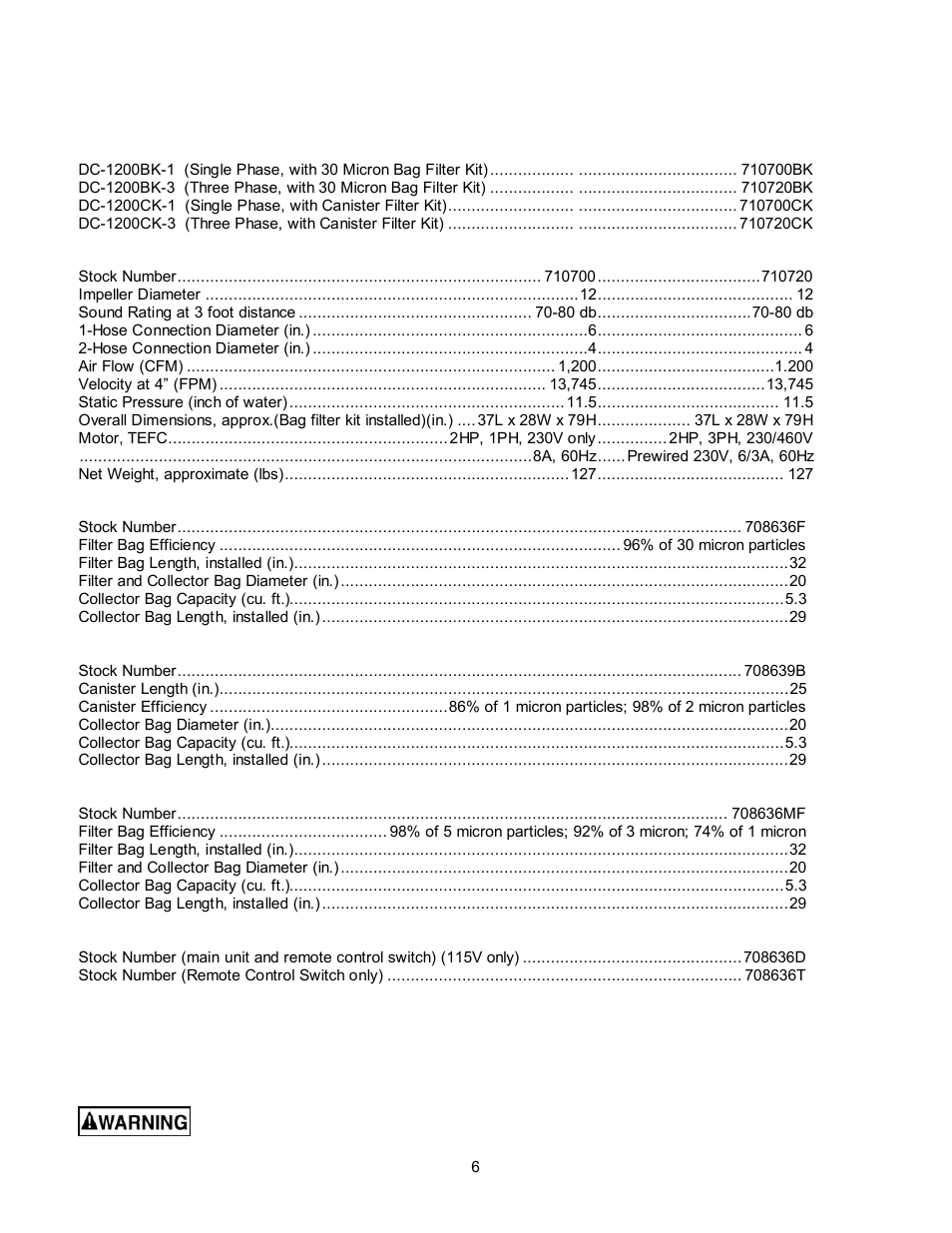Specifications | Jet Tools DC-1200CK User Manual | Page 6 / 24