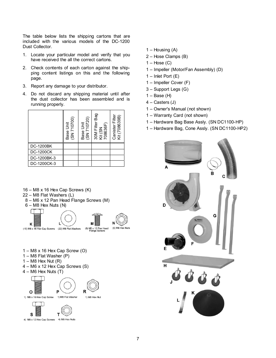 Unpacking, Shipping content, Base unit | Jet Tools DC-1200CK User Manual | Page 7 / 24