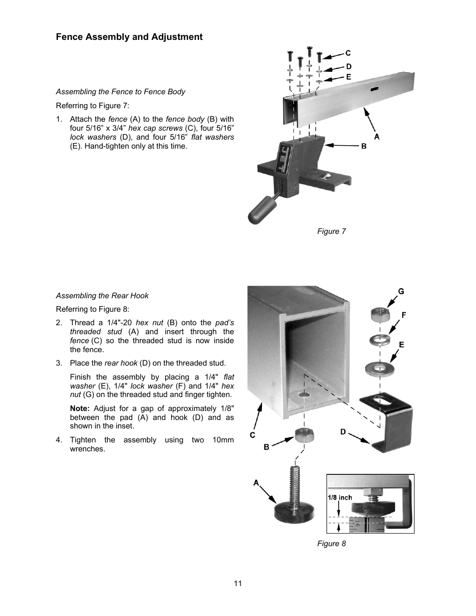 Fence assembly and adjustment | Jet Tools JWBS-18X User Manual | Page 11 / 40
