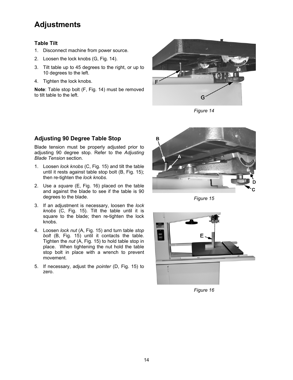 Adjustments, Table tilt, Adjusting 90 degree table stop | Jet Tools JWBS-18X User Manual | Page 14 / 40