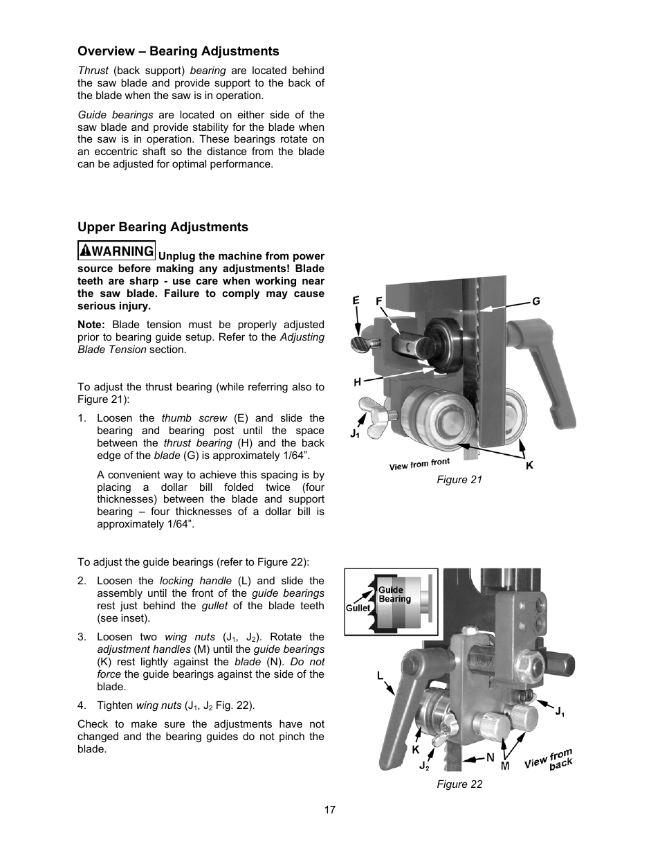 Overview – bearing adjustments, Upper bearing adjustments | Jet Tools JWBS-18X User Manual | Page 17 / 40