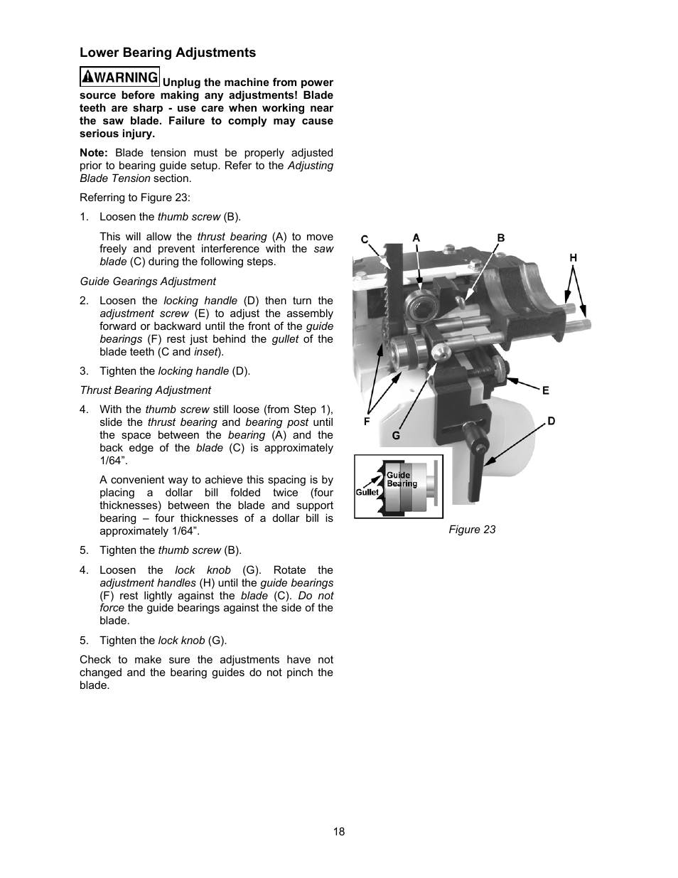 Lower bearing adjustments | Jet Tools JWBS-18X User Manual | Page 18 / 40