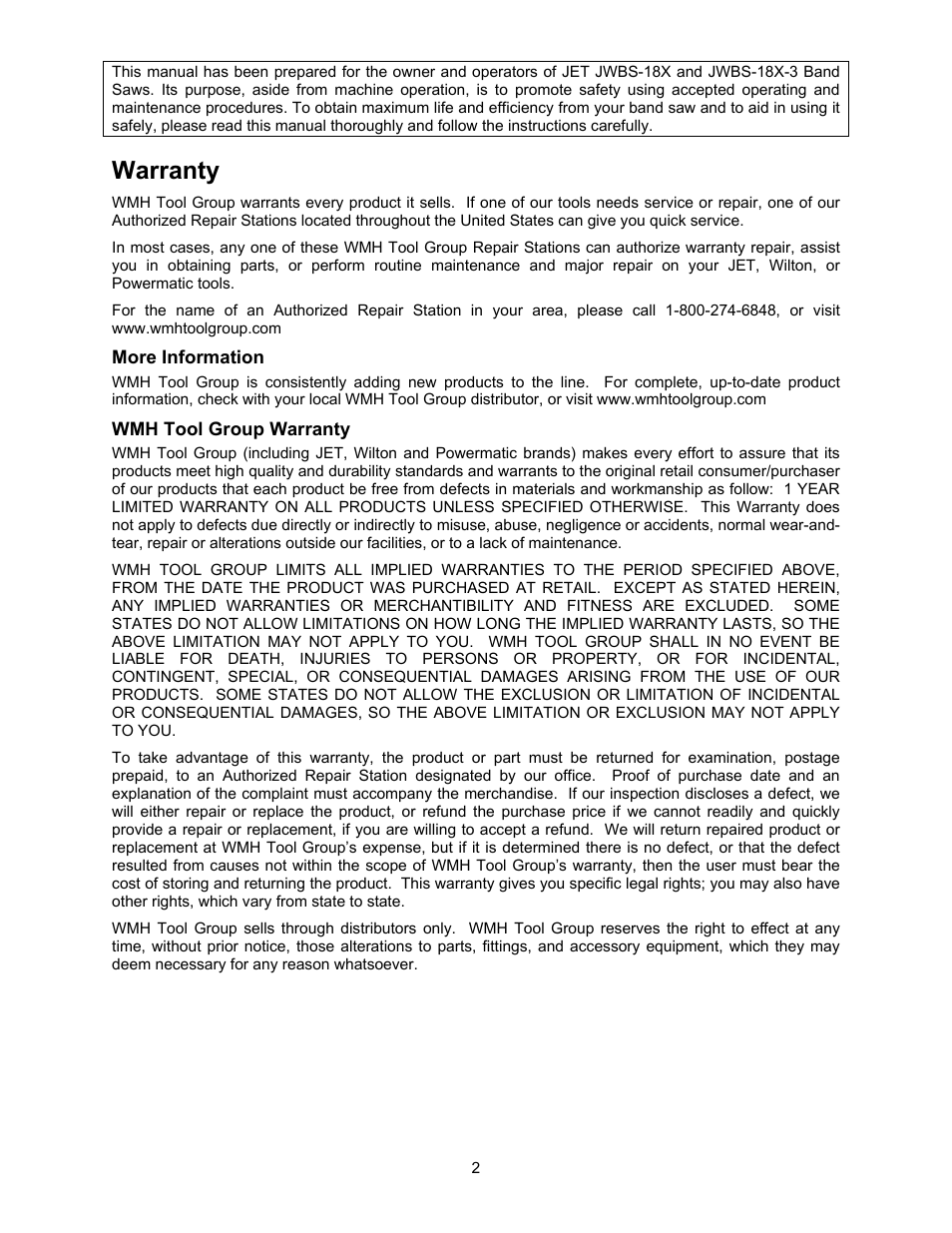 Warranty | Jet Tools JWBS-18X User Manual | Page 2 / 40