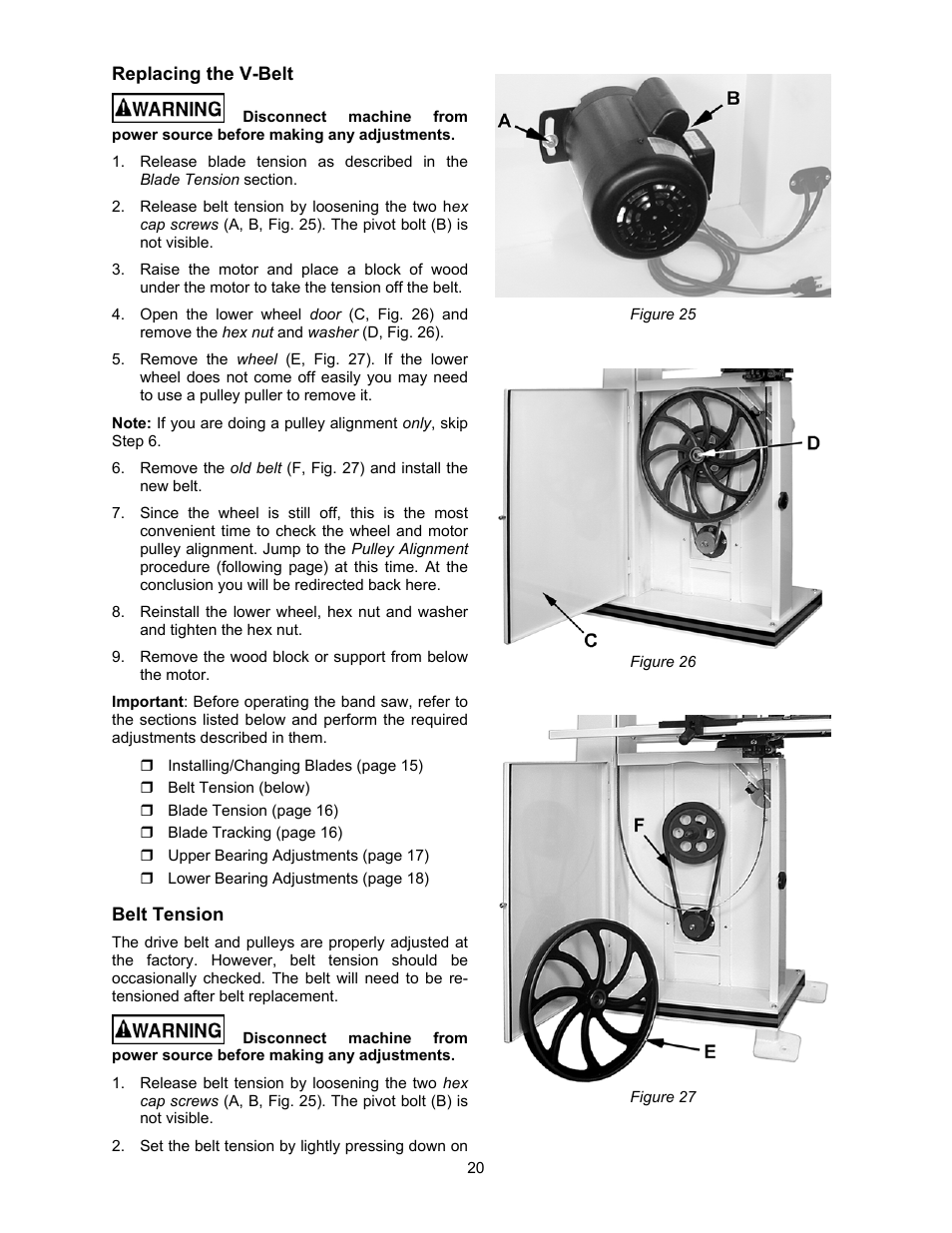 Replacing the v-belt, Belt tension | Jet Tools JWBS-18X User Manual | Page 20 / 40