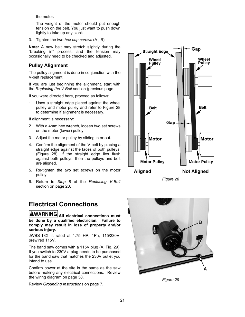 Pulley alignment, Electrical connections | Jet Tools JWBS-18X User Manual | Page 21 / 40