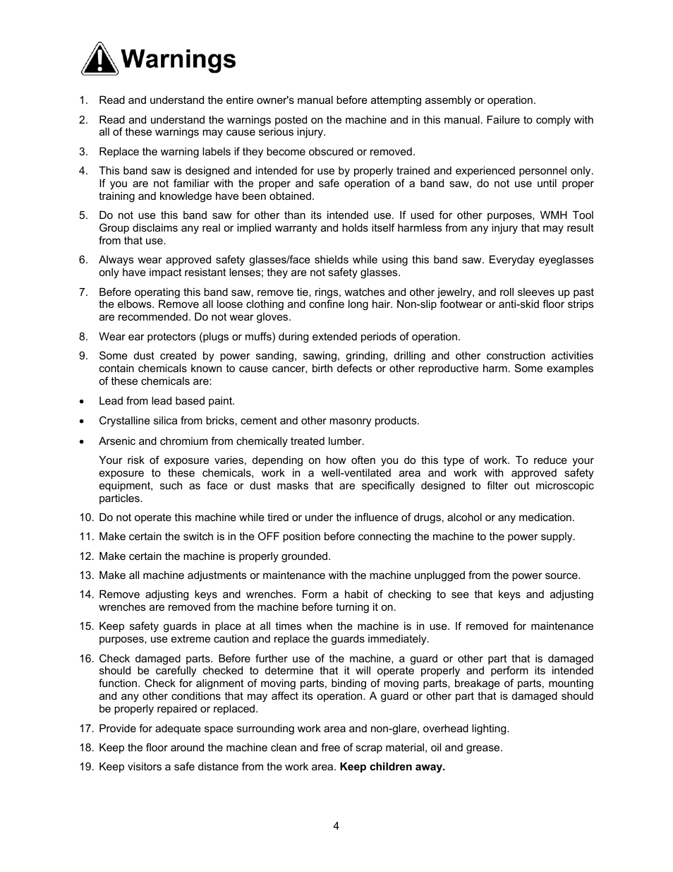 Warnings | Jet Tools JWBS-18X User Manual | Page 4 / 40