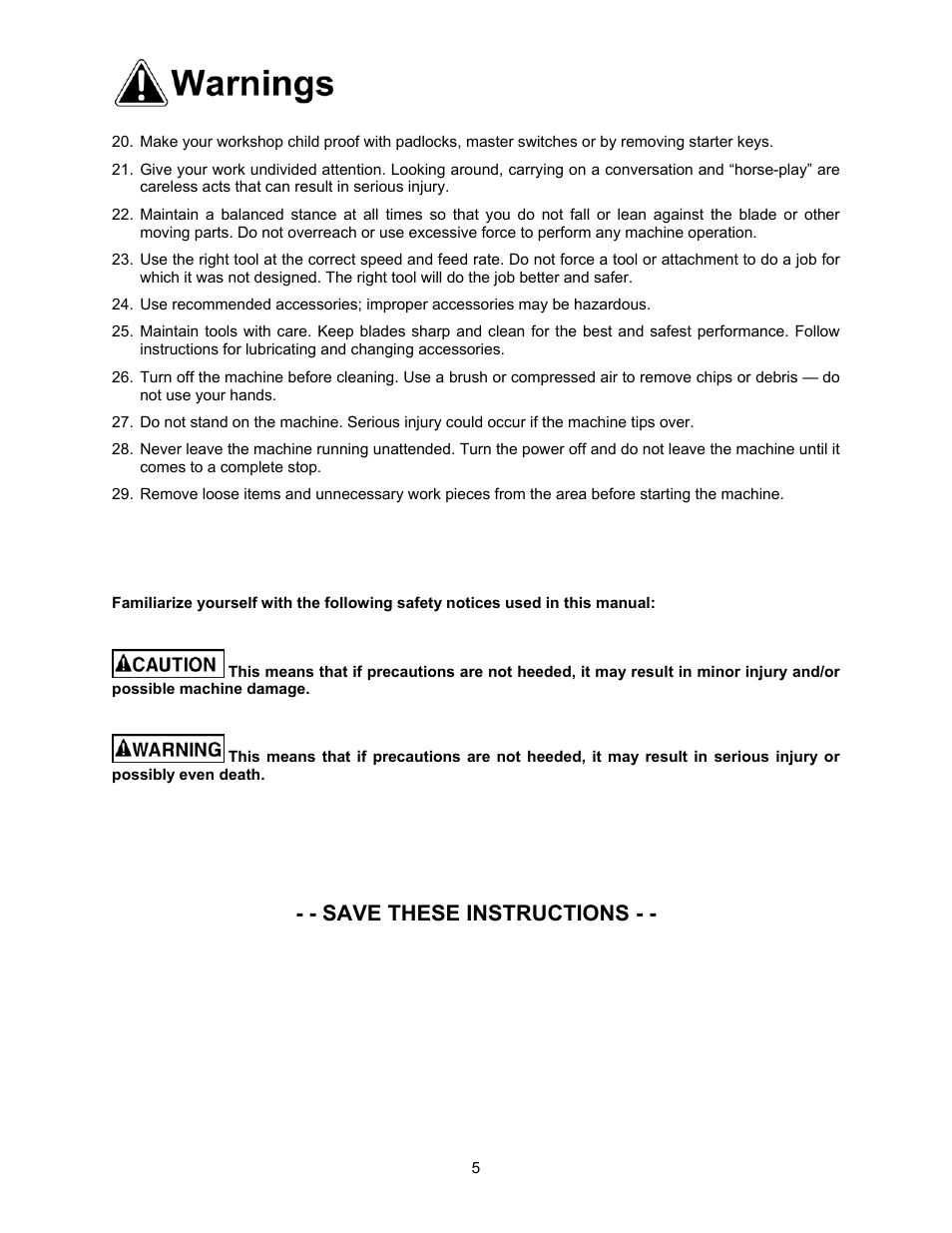 Save these instructions | Jet Tools JWBS-18X User Manual | Page 5 / 40