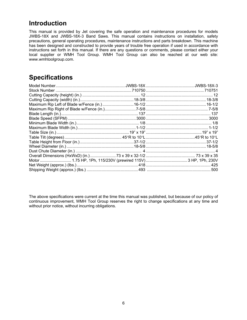 Specifications, Introduction | Jet Tools JWBS-18X User Manual | Page 6 / 40