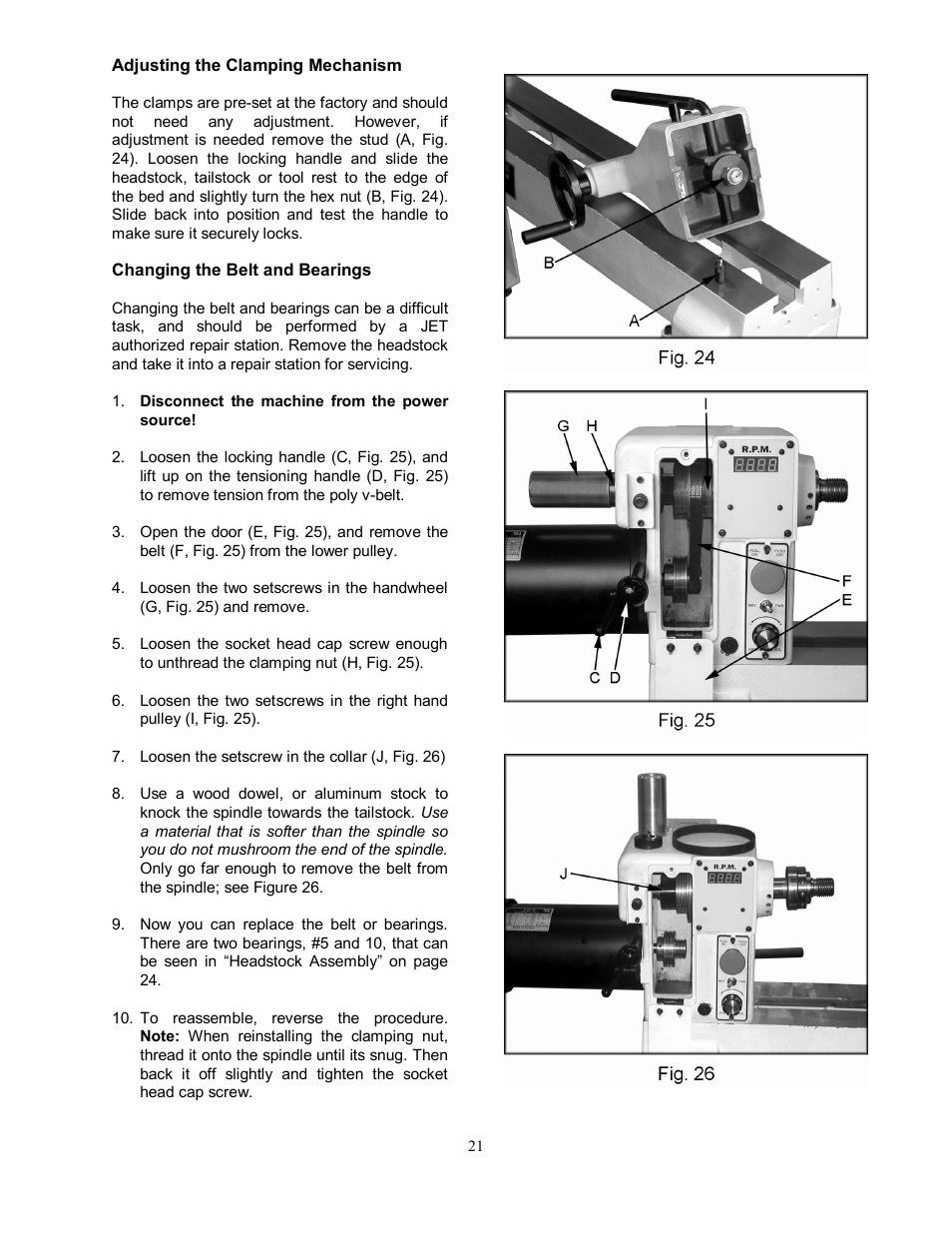 Adjusting the clamping mechanism, Changing the belt and bearings | Jet Tools JWL-1642EVS-2 User Manual | Page 21 / 32