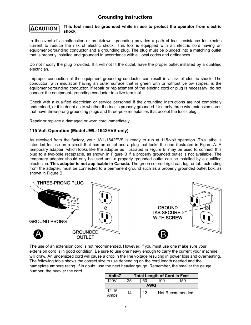 Grounding instructions | Jet Tools JWL-1642EVS-2 User Manual | Page 5 / 32