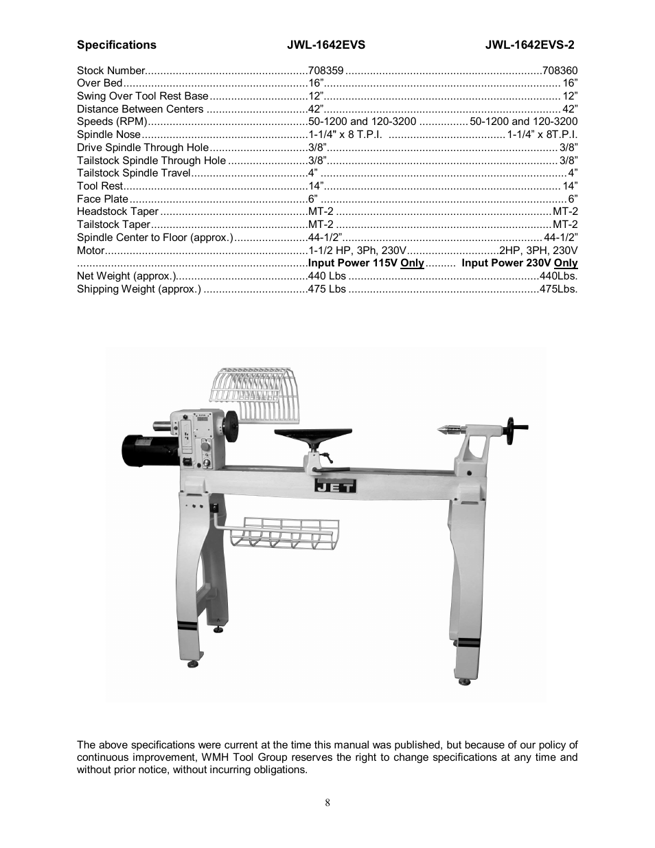 Specifications | Jet Tools JWL-1642EVS-2 User Manual | Page 8 / 32